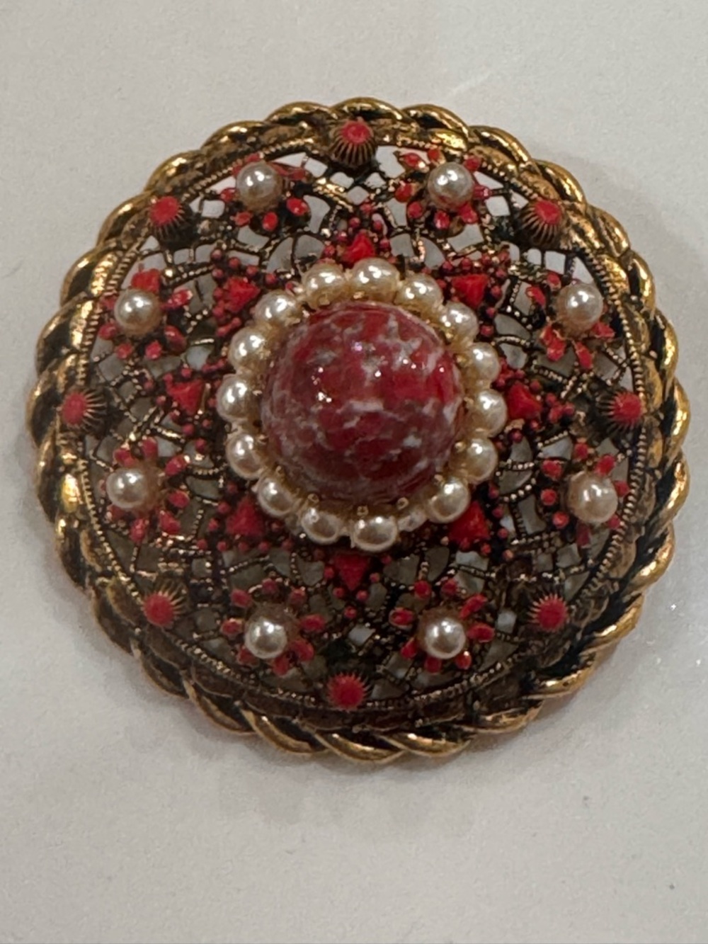 Vintage Czech Peking Glass Brooch Enamel Faux Pearl Feligree